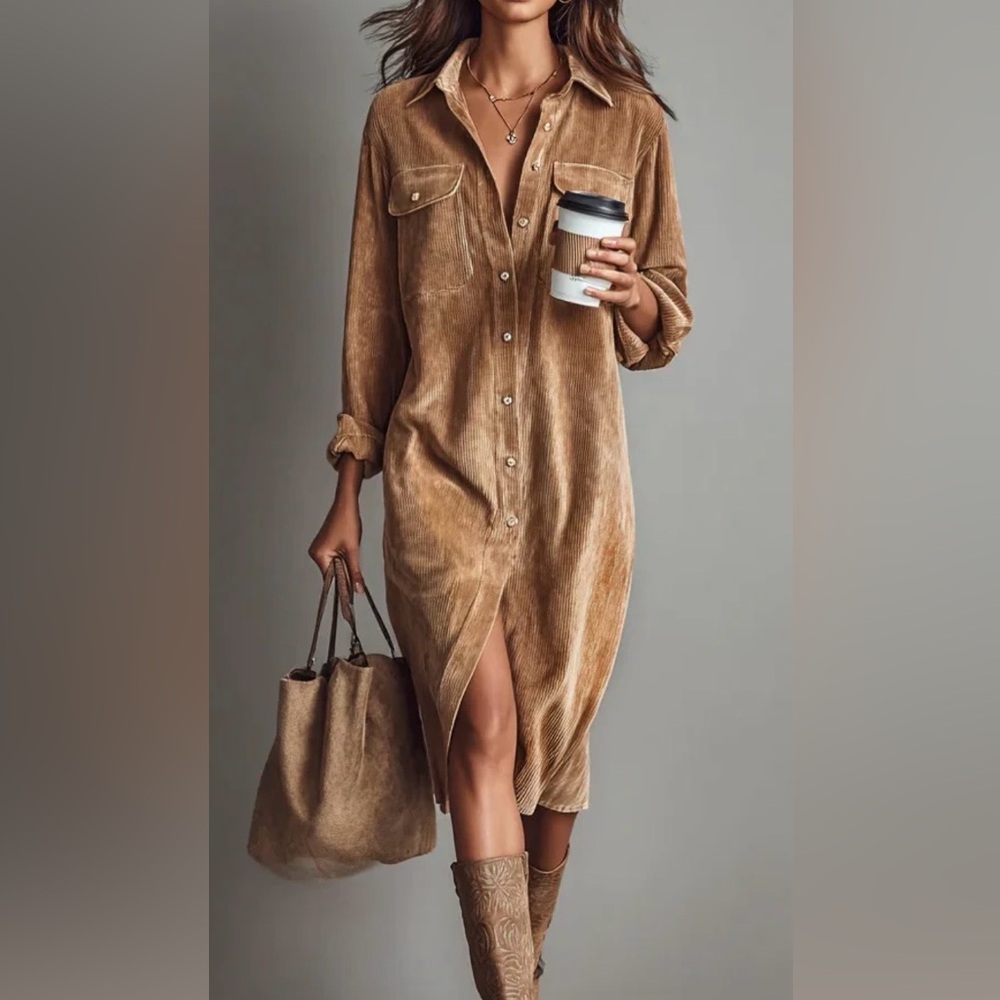 LOOSE CORDUROY DOUBLE CHEST POCKET SINGLE BREASTED MIDI DRESS